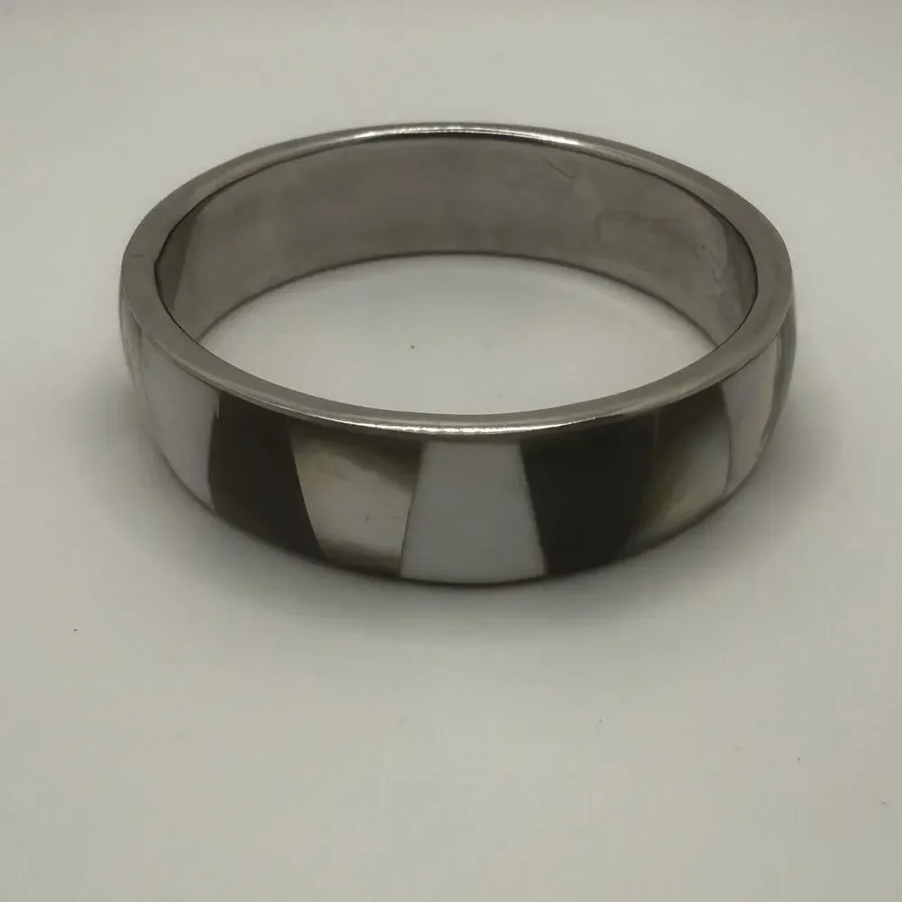 Two Silver Tone Bracelets Mother of Pearl Bangle 7.75” Glass Stone Tennis 7.5” - Picture 3 of 9